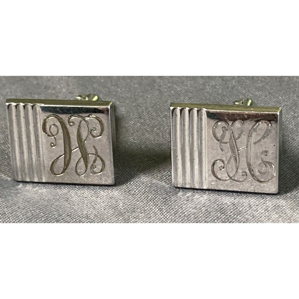 Cuff Links Silver Stamped Monogrammed “H” Vintage Mid-20th Century Design